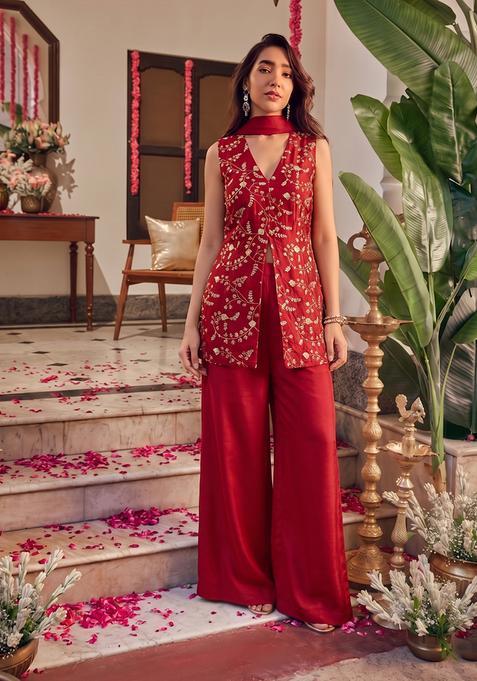Cherry Red Embroidered Crepe Fusion Set