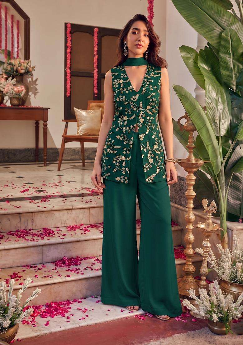 Forest Green Embroidered Crepe Fusion Set - Indya
