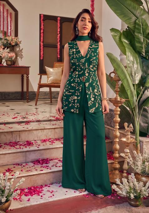 Forest Green Embroidered Crepe Fusion Set