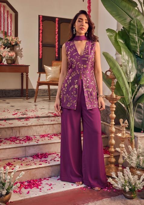 Deep Plum Embroidered Crepe Fusion Set