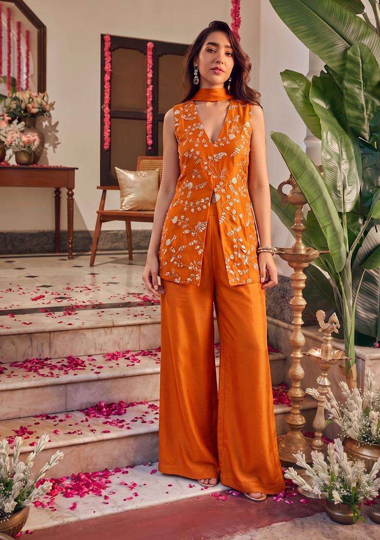 Orange Embroidered Crepe Fusion Set - Indya