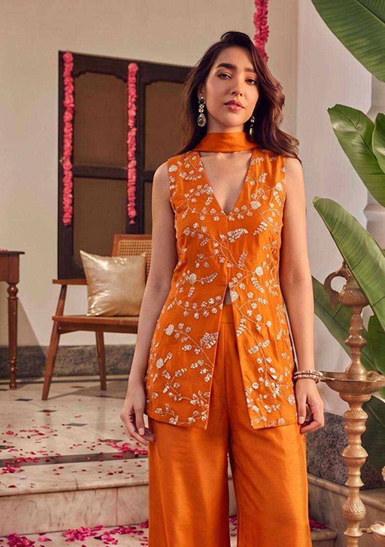 Orange Embroidered Crepe Fusion Set - Indya