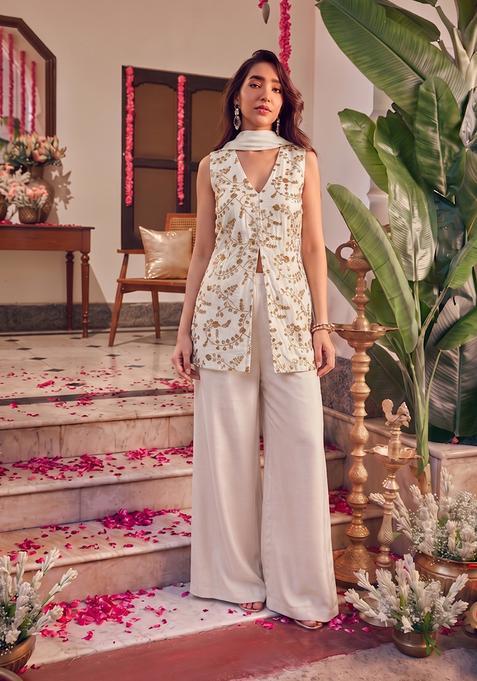 White Embroidered Crepe Fusion Set