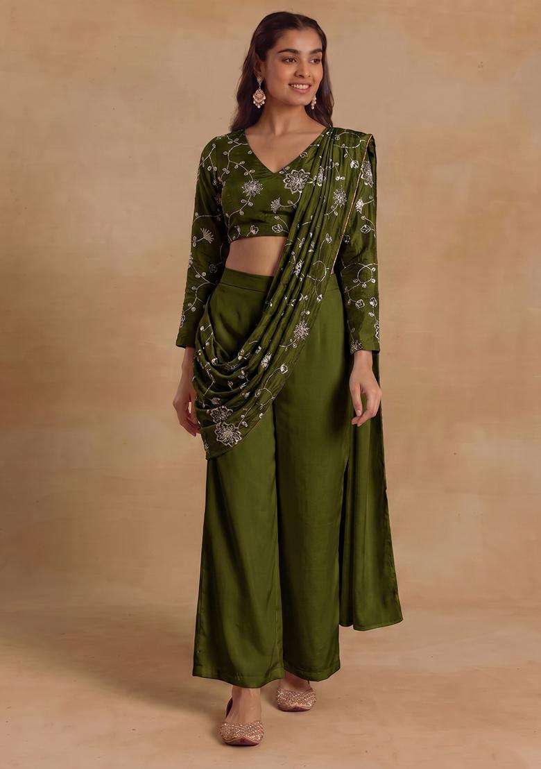 Olive Green Embroidered Silk Fusion Set - Indya