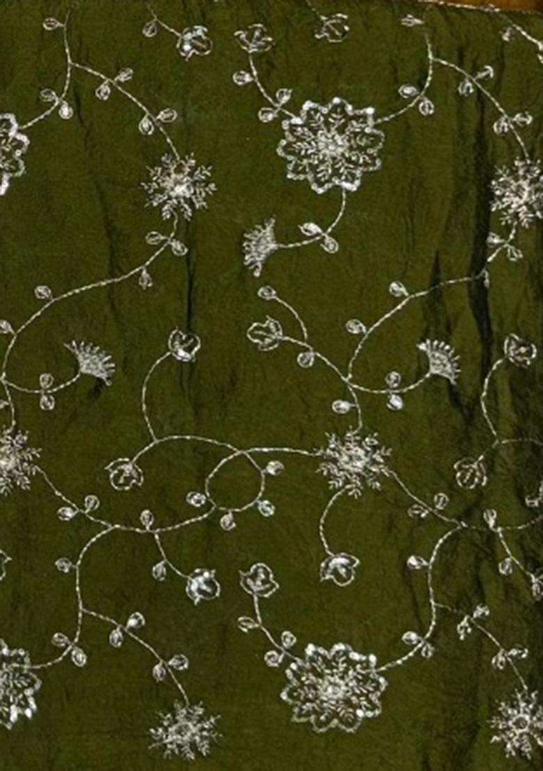 Olive Green Embroidered Silk Fusion Set - Indya