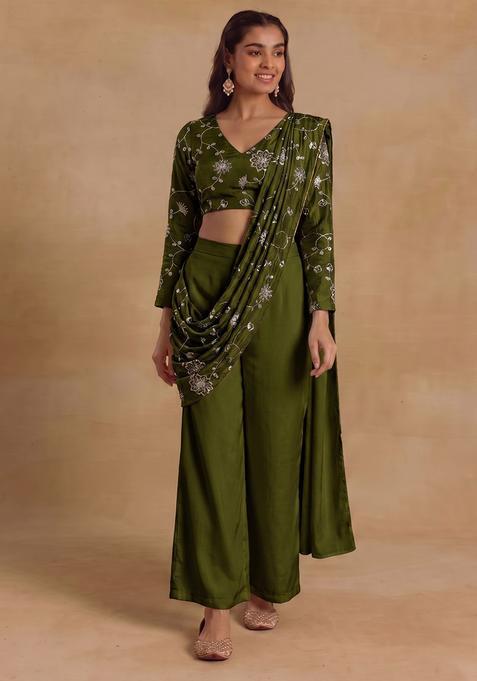 Olive Green Embroidered Silk Fusion Set