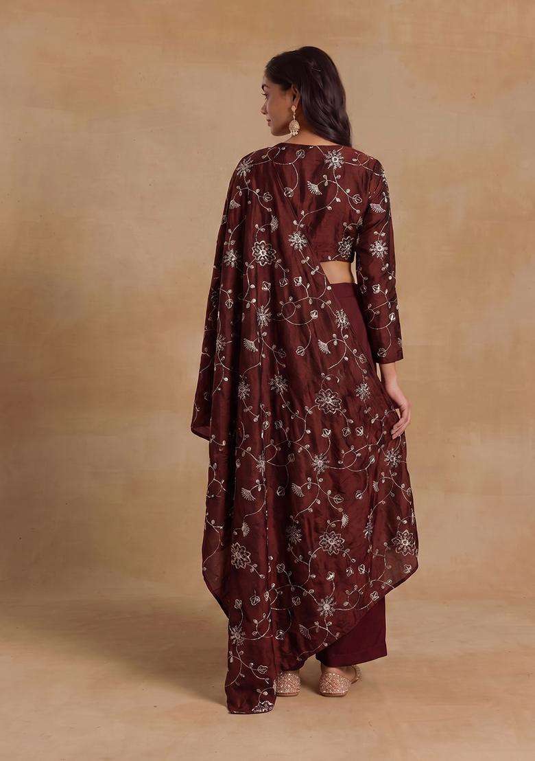 Brown Embroidered Silk Fusion Set - Indya