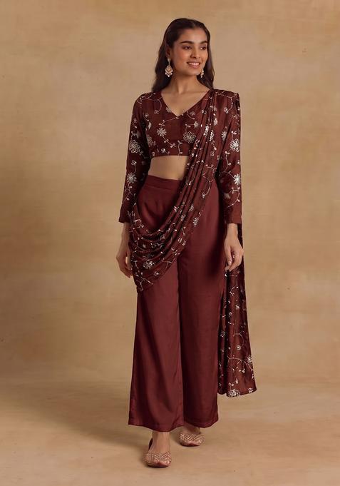 Brown Embroidered Silk Fusion Set
