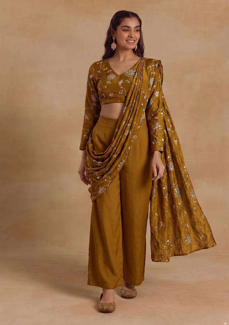 Mustard Yellow Embroidered Silk Fusion Set - Indya