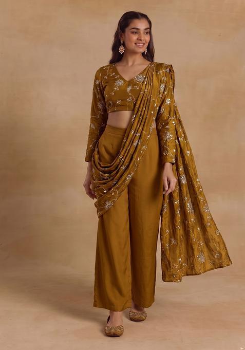 Mustard Yellow Embroidered Silk Fusion Set