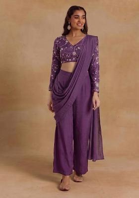 Deep Plum Embroidered Silk Fusion Set