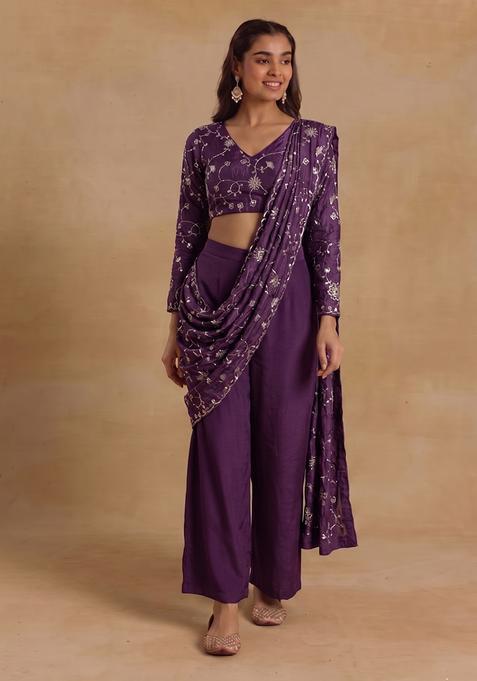 Deep Plum Embroidered Silk Fusion Set