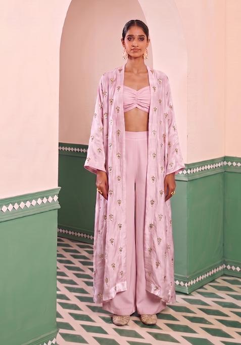 Lavender Pink Embroidered Silk Fusion Set