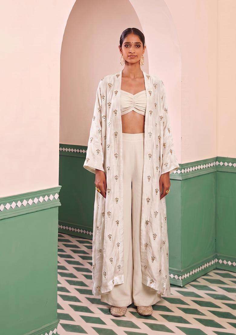 White Embroidered Silk Fusion Set - Indya