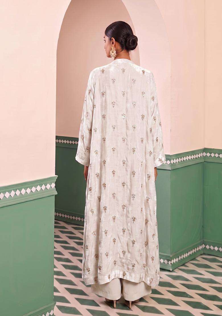 White Embroidered Silk Fusion Set - Indya