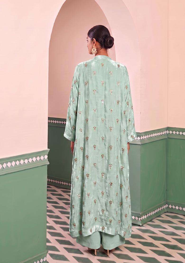 Mint Green Embroidered Silk Fusion Set - Indya
