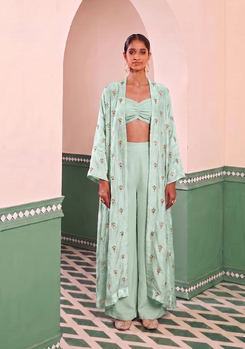 Mint Green Embroidered Silk Fusion Set
