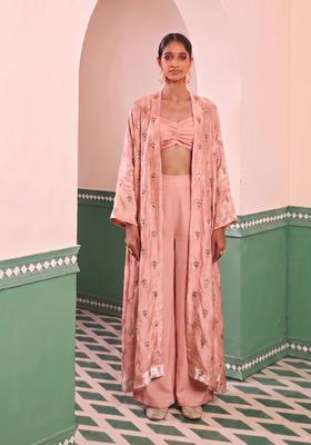Coral Pink Embroidered Silk Fusion Set
