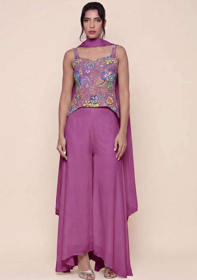 Magenta Purple Printed Chinon Fusion Set - Indya