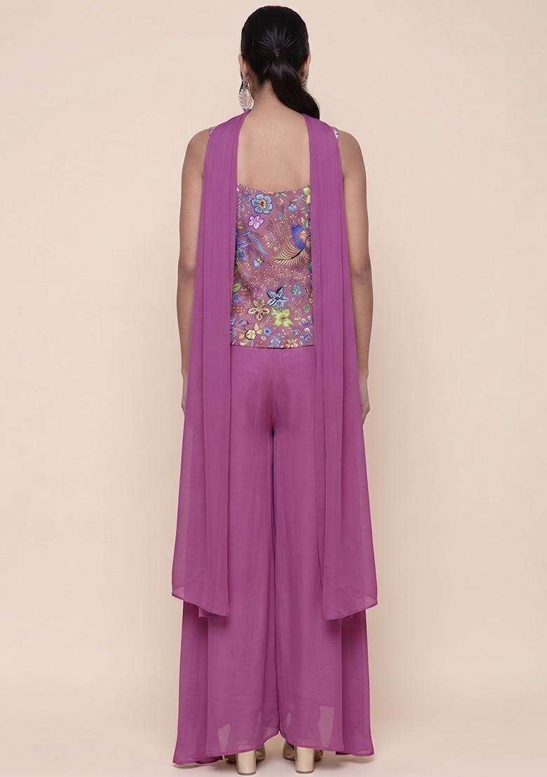 Magenta Purple Printed Chinon Fusion Set - Indya