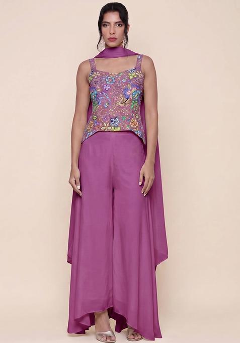 Magenta Purple Printed Chinon Fusion Set