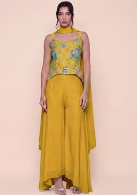 Mustard Yellow Printed Chinon Fusion Set