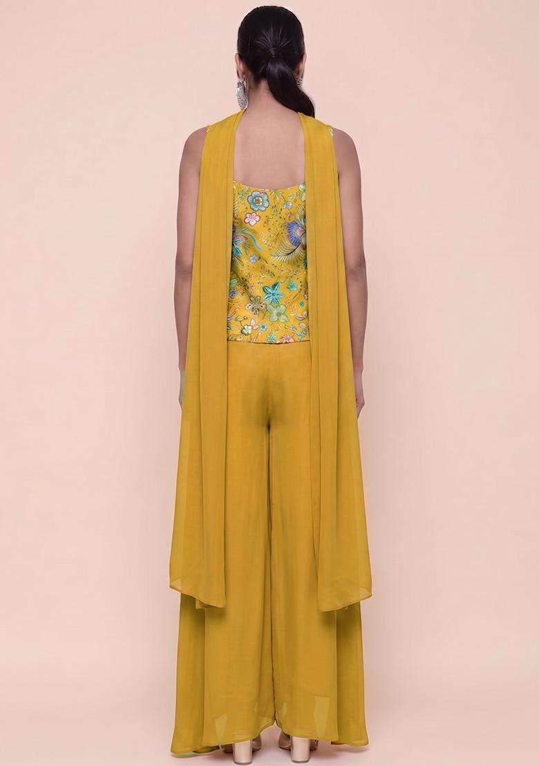Mustard Yellow Printed Chinon Fusion Set - Indya