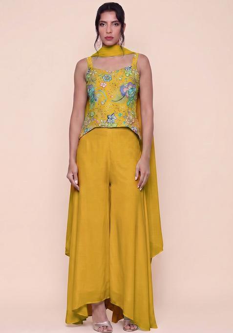 Mustard Yellow Printed Chinon Fusion Set