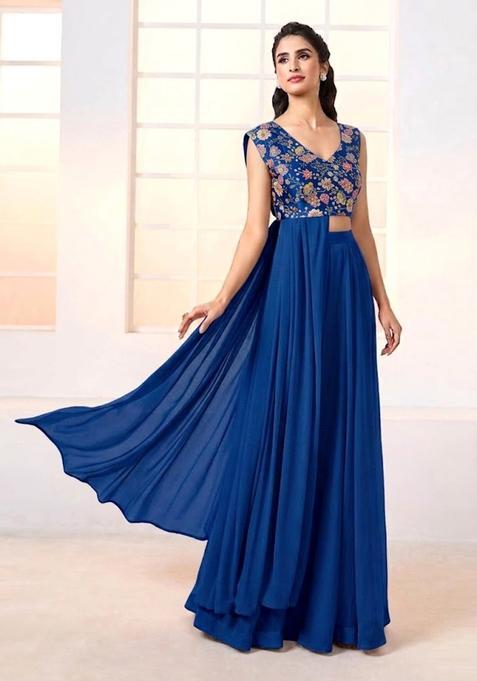 Maroon Printed Crepe Pre Draped Saree Set