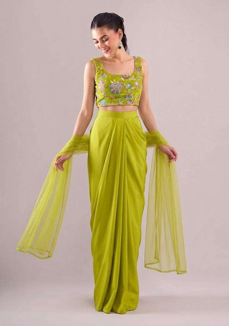 Green Printed Crepe Fusion Set - Indya