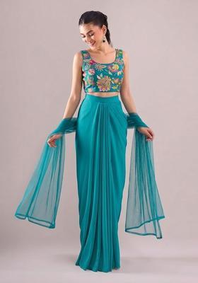 Blue Printed Crepe Fusion Set