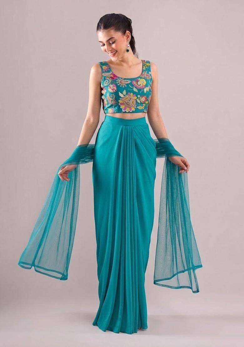Blue Printed Crepe Fusion Set - Indya