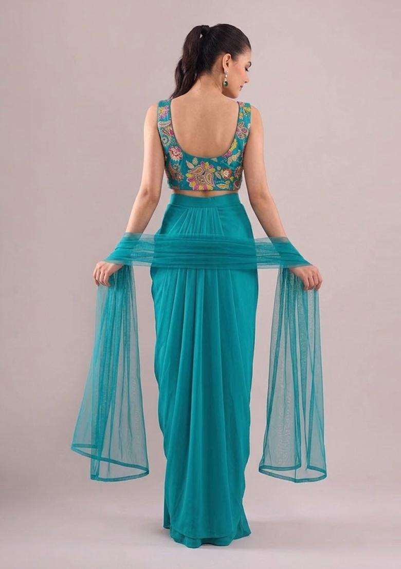 Blue Printed Crepe Fusion Set - Indya