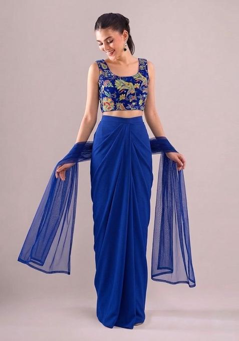 Blue Printed Crepe Fusion Set