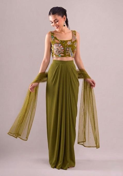 Green Printed Crepe Fusion Set