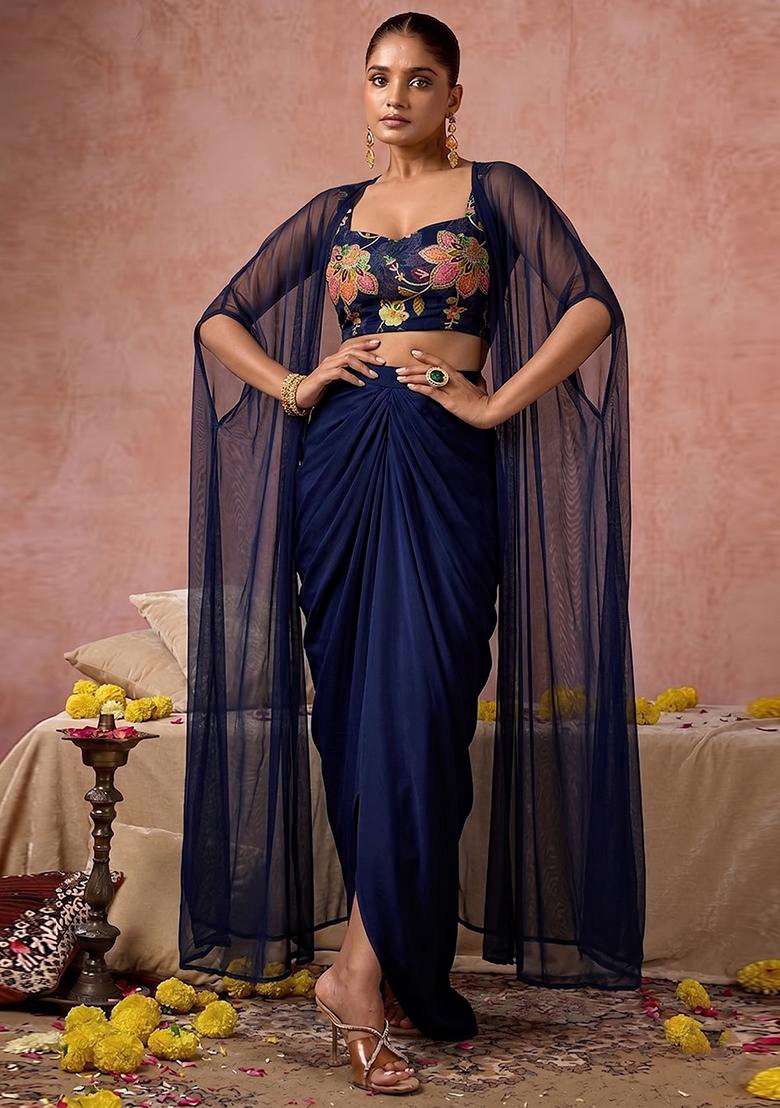 Navy Blue Printed Organza Fusion Set for Diwali and Festive Wear - Indya