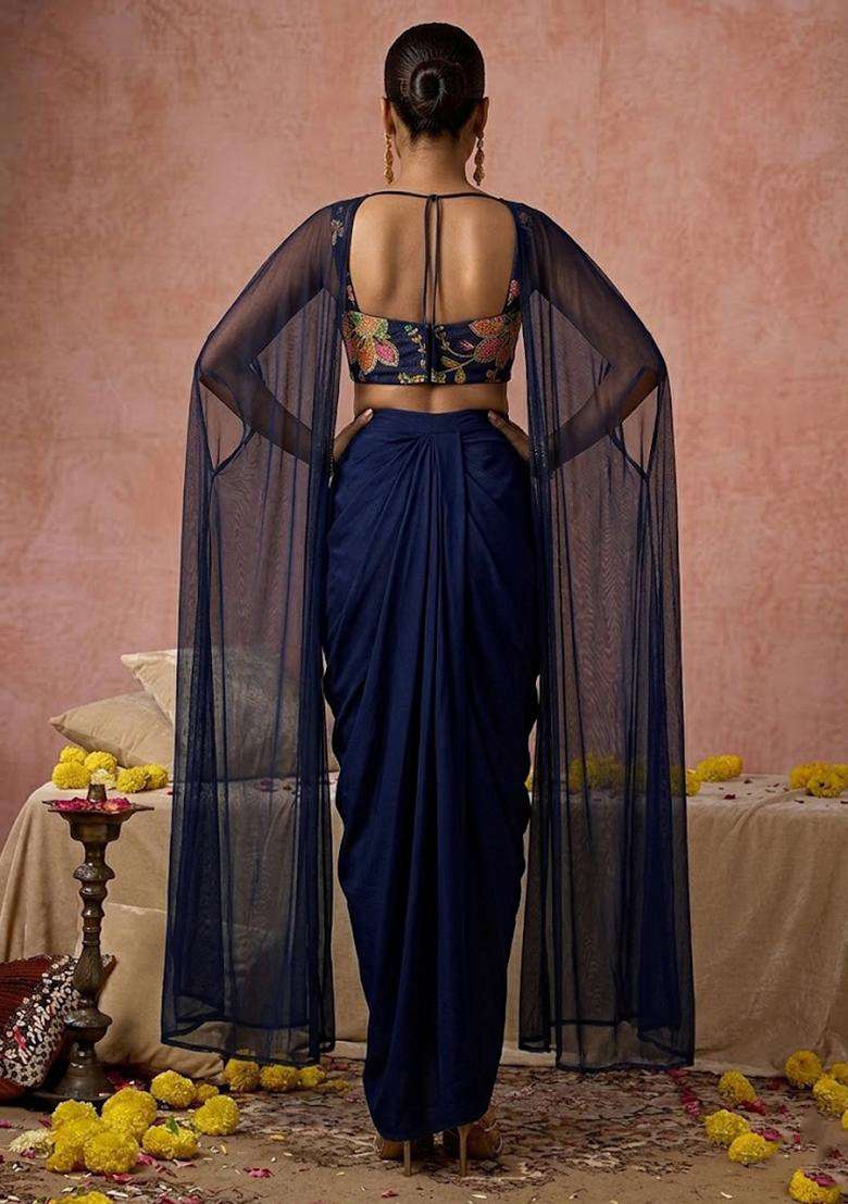 Navy Blue Printed Organza Fusion Set for Diwali and Festive Wear - Indya