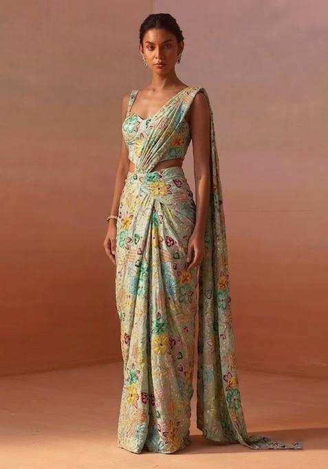 Pastel Blue Printed Crepe Pre Draped Saree Set