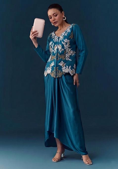 Blue Embroidered Handwork Fusion Set