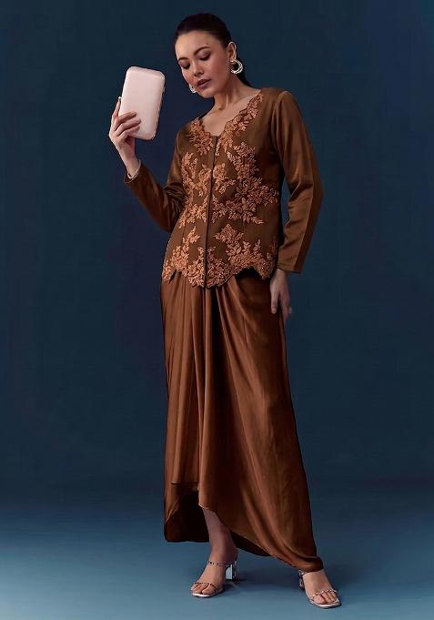 Chocolate Brown Embroidered Handwork Fusion Set