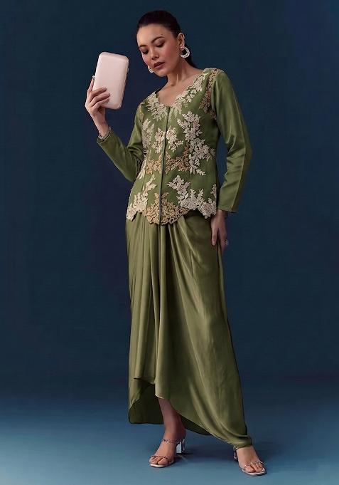 Moss Green Embroidered Handwork Fusion Set