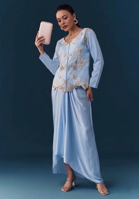 Powder Blue Embroidered Handwork Fusion Set