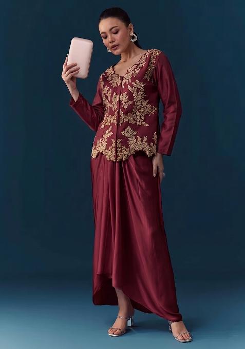Crimson Red Embroidered Handwork Fusion Set
