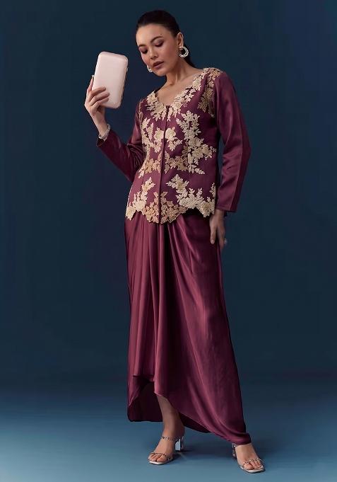 Wine Purple Embroidered Handwork Fusion Set