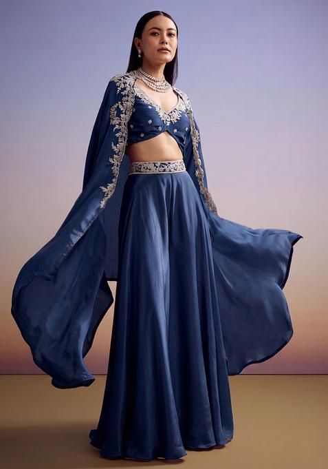 Steel Blue Embroidered Handwork Fusion Set