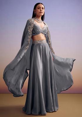 Slate Grey Embroidered Handwork Fusion Set