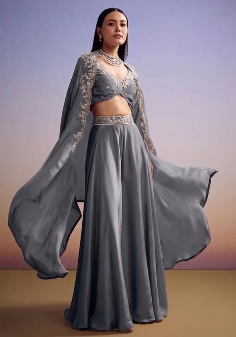 Slate Grey Embroidered Handwork Fusion Set