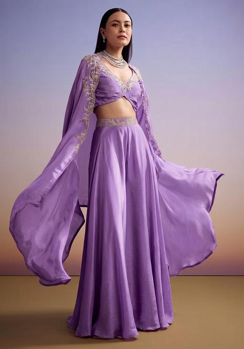 Lilac Purple Embroidered Handwork Fusion Set