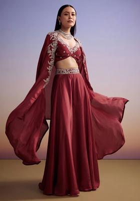 Burgundy Red Embroidered Handwork Fusion Set