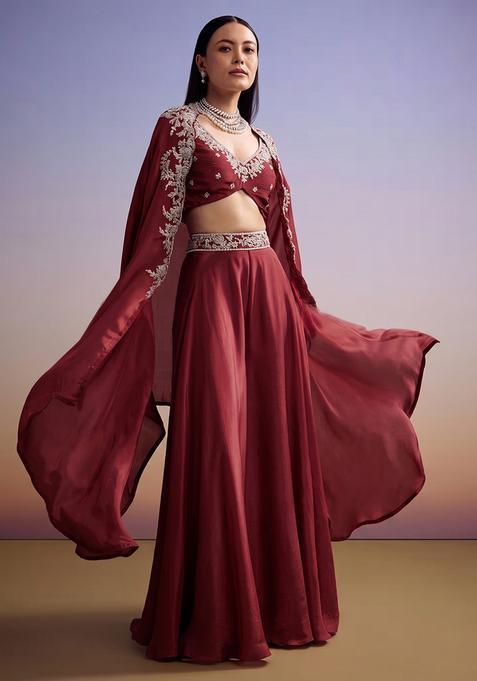 Burgundy Red Embroidered Handwork Fusion Set